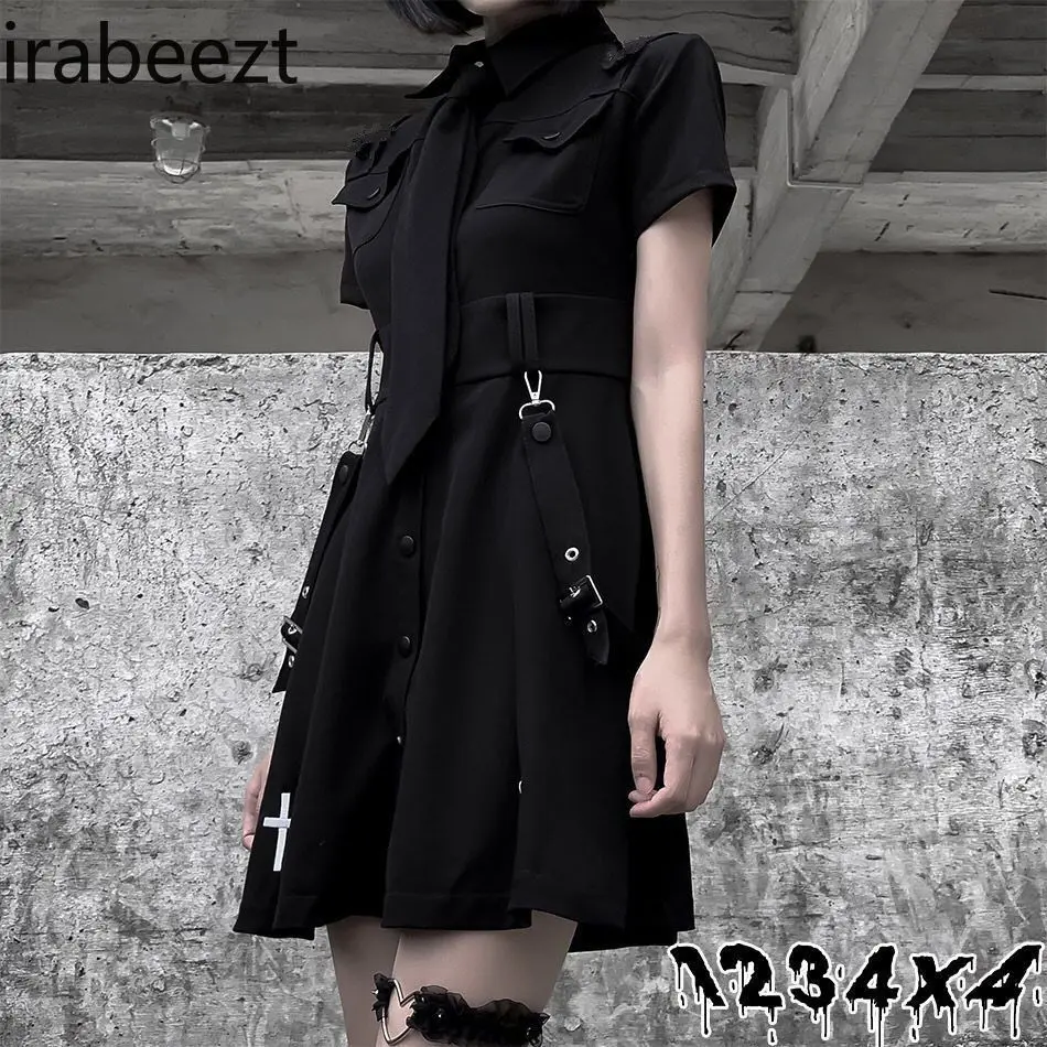 Women's Black Schoolgirl Short dress Alternative Gothic Fashion Y2K Streetwear Aesthetic Dark Academia Style Summer Outfit