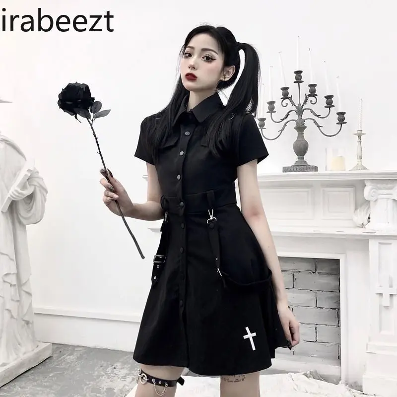 Women's Black Schoolgirl Short dress Alternative Gothic Fashion Y2K Streetwear Aesthetic Dark Academia Style Summer Outfit
