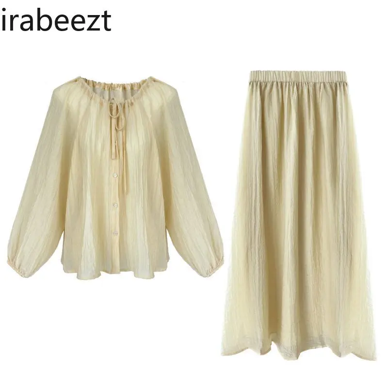 Women's Pink V-neck Blouse & Skirt Set Chinese Style Drawstring Tie Summer Outfit with Sun Protection Tummy Silhouette