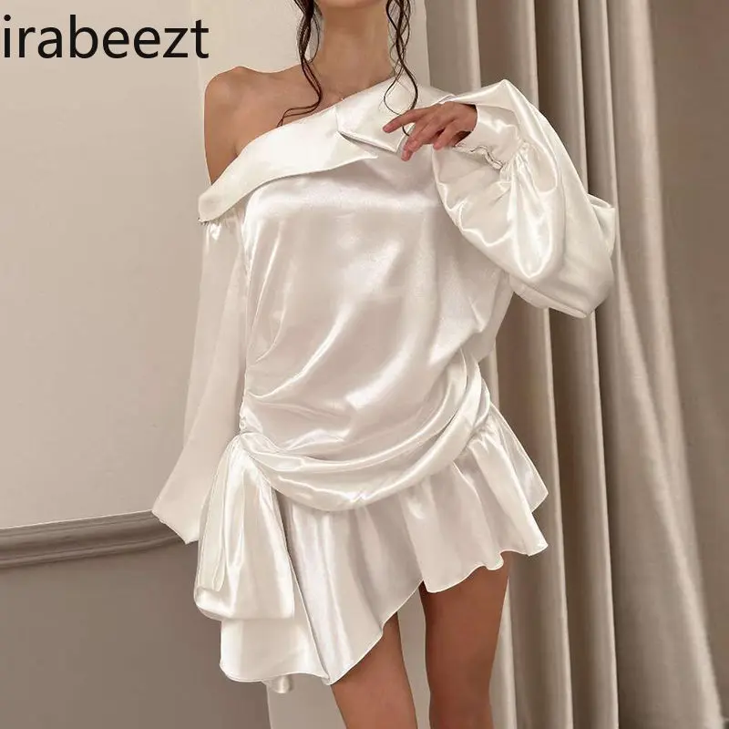 French Off-Shoulder Satin Dress Women 2025 Elegant Ruffle Asymmetrical Slim Fit Long Sleeve Party Vestidos De Fiesta