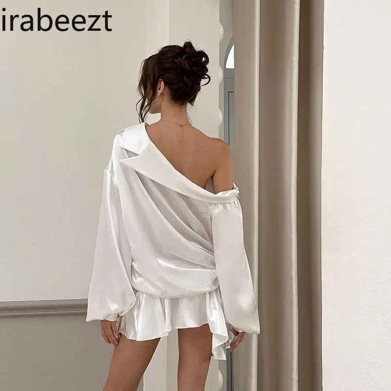 French Off-Shoulder Satin Dress Women 2025 Elegant Ruffle Asymmetrical Slim Fit Long Sleeve Party Vestidos De Fiesta