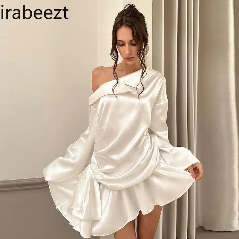 French Off-Shoulder Satin Dress Women 2025 Elegant Ruffle Asymmetrical Slim Fit Long Sleeve Party Vestidos De Fiesta