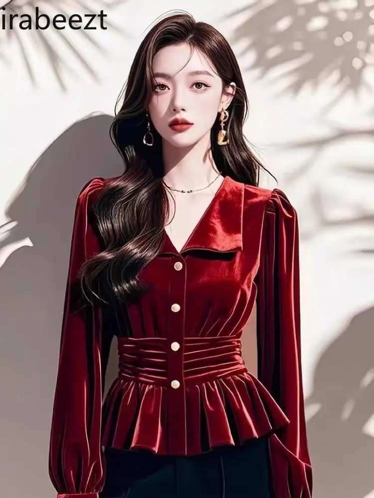 Women's Vintage Wine Red Velvet Blouse French Chic Lace Trim Fit & Flare Dress Shirt Elegant Fall Winter Party Casual Top