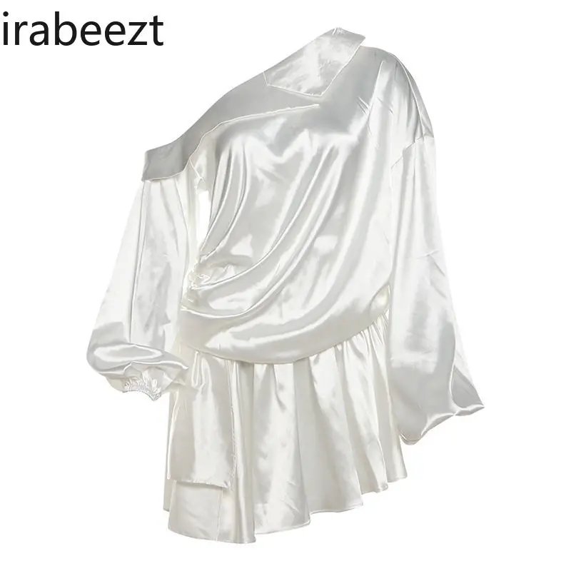 French Off-Shoulder Satin Dress Women 2025 Elegant Ruffle Asymmetrical Slim Fit Long Sleeve Party Vestidos De Fiesta