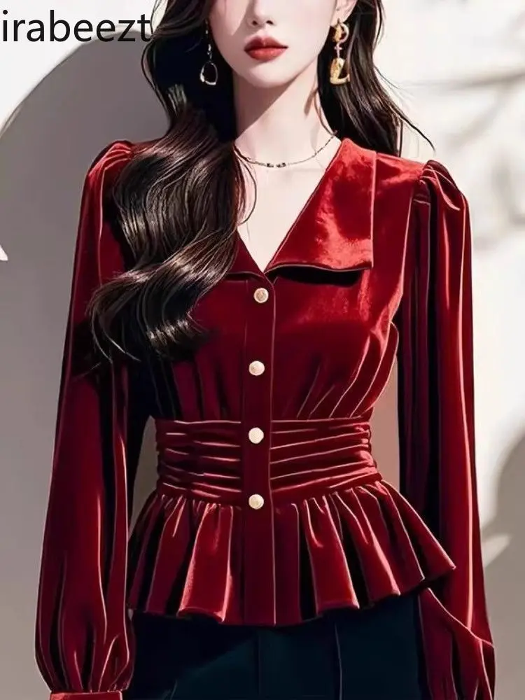 Women's Vintage Wine Red Velvet Blouse French Chic Lace Trim Fit & Flare Dress Shirt Elegant Fall Winter Party Casual Top