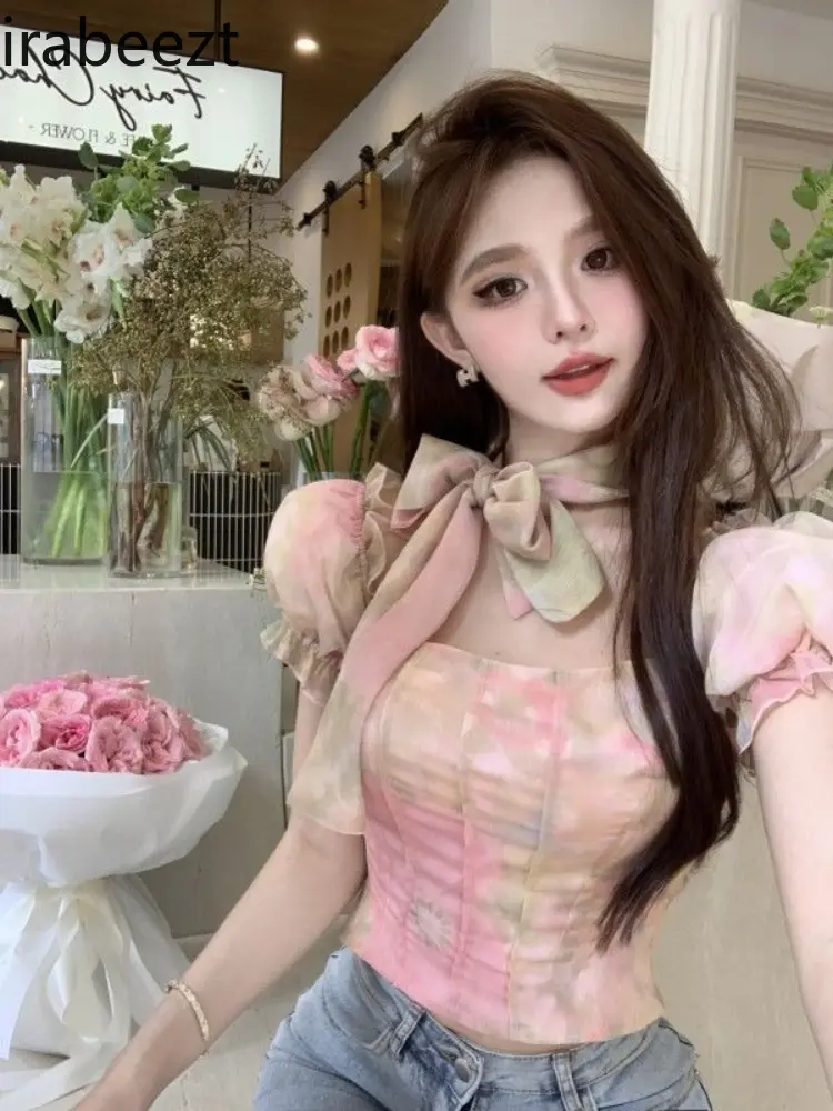 ​Pink Scarf Square Neck Blouse Bubble Sleeves Floral Print Crop Top Women's Chiffon Shirt Casual Summer Fashion