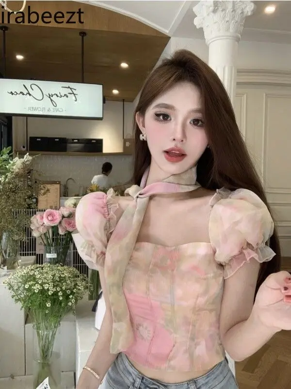 ​Pink Scarf Square Neck Blouse Bubble Sleeves Floral Print Crop Top Women's Chiffon Shirt Casual Summer Fashion