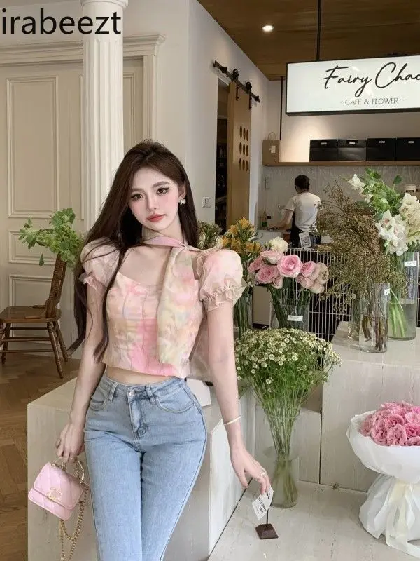 ​Pink Scarf Square Neck Blouse Bubble Sleeves Floral Print Crop Top Women's Chiffon Shirt Casual Summer Fashion