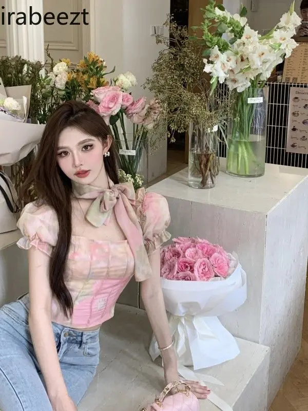 ​Pink Scarf Square Neck Blouse Bubble Sleeves Floral Print Crop Top Women's Chiffon Shirt Casual Summer Fashion