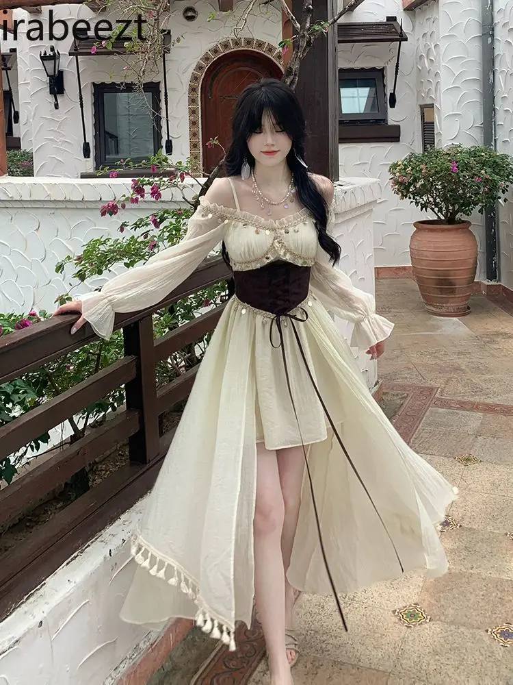 New Summer Boho Women's Dress with Sequin Fringe Waist Belt Asymmetrical Hem & Off-Shoulder Design Party Vacation Beachwear