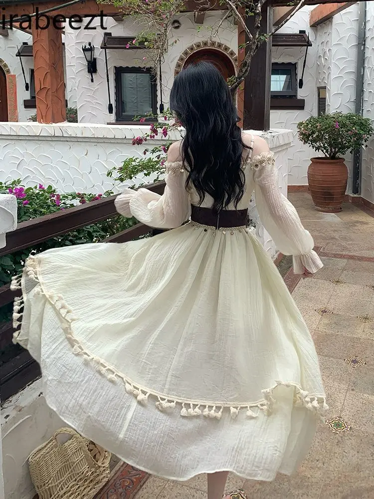 New Summer Boho Women's Dress with Sequin Fringe Waist Belt Asymmetrical Hem & Off-Shoulder Design Party Vacation Beachwear