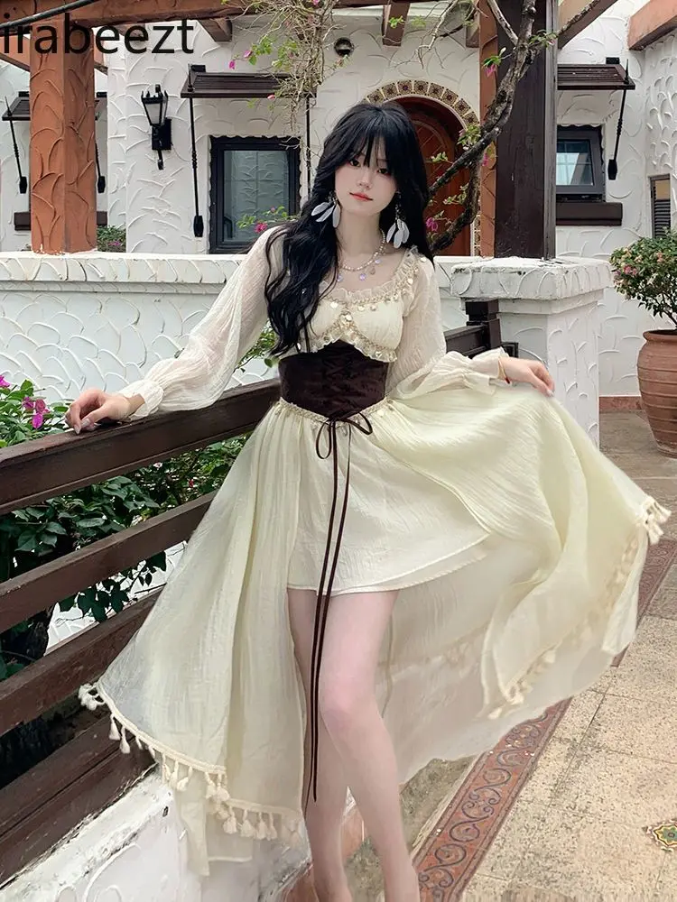 New Summer Boho Women's Dress with Sequin Fringe Waist Belt Asymmetrical Hem & Off-Shoulder Design Party Vacation Beachwear