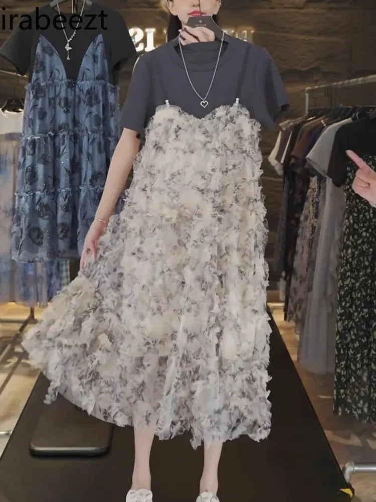 French Floral Print Cut-Out Dress for Women Spring Summer 2025 Short Sleeve High-End Trendy Outfit with Overlay Design