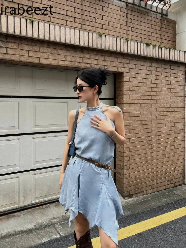 Streetwear Halter Neck Denim Vest Dress Women's Summer New Design Irregular Sleeveless Short Robe LOOSE FIT Summer Dress