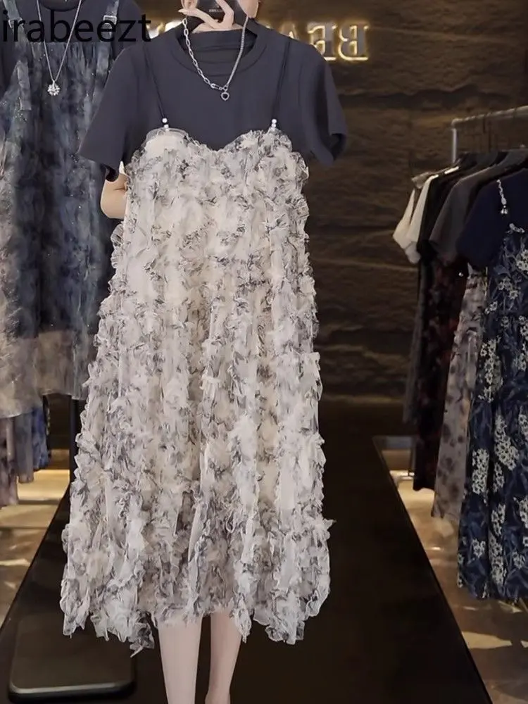 French Floral Print Cut-Out Dress for Women Spring Summer 2025 Short Sleeve High-End Trendy Outfit with Overlay Design