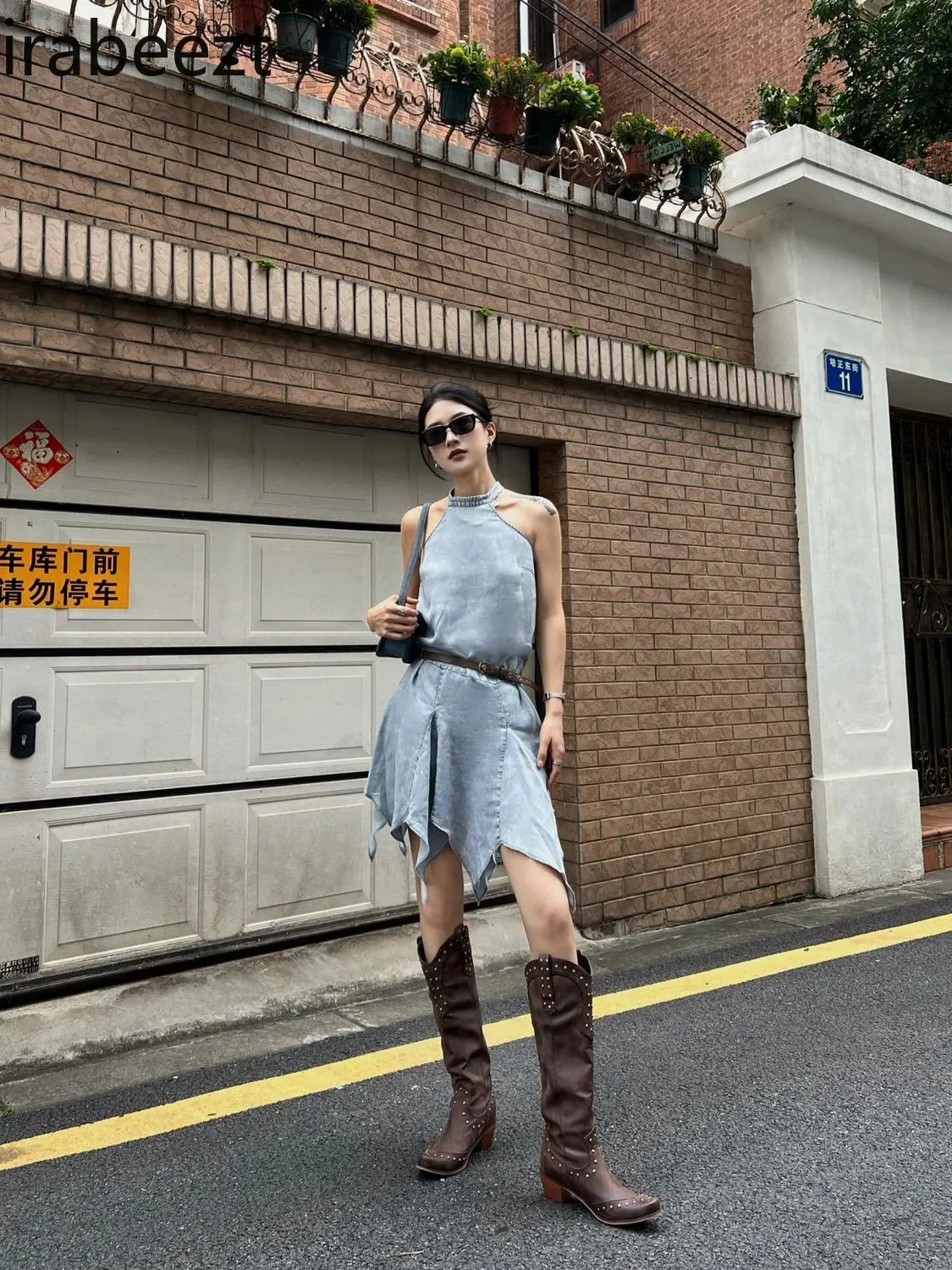 Streetwear Halter Neck Denim Vest Dress Women's Summer New Design Irregular Sleeveless Short Robe LOOSE FIT Summer Dress