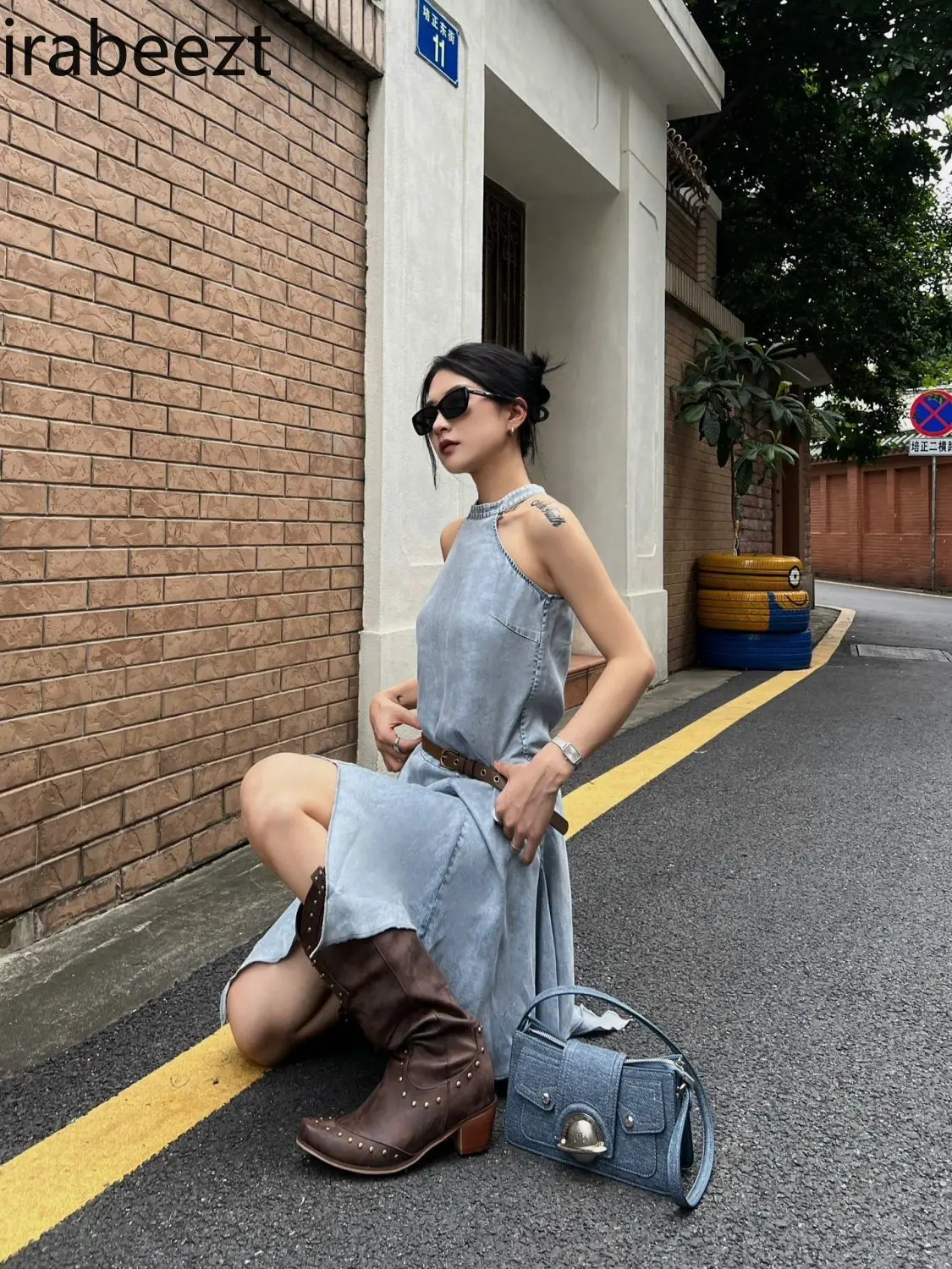 Streetwear Halter Neck Denim Vest Dress Women's Summer New Design Irregular Sleeveless Short Robe LOOSE FIT Summer Dress