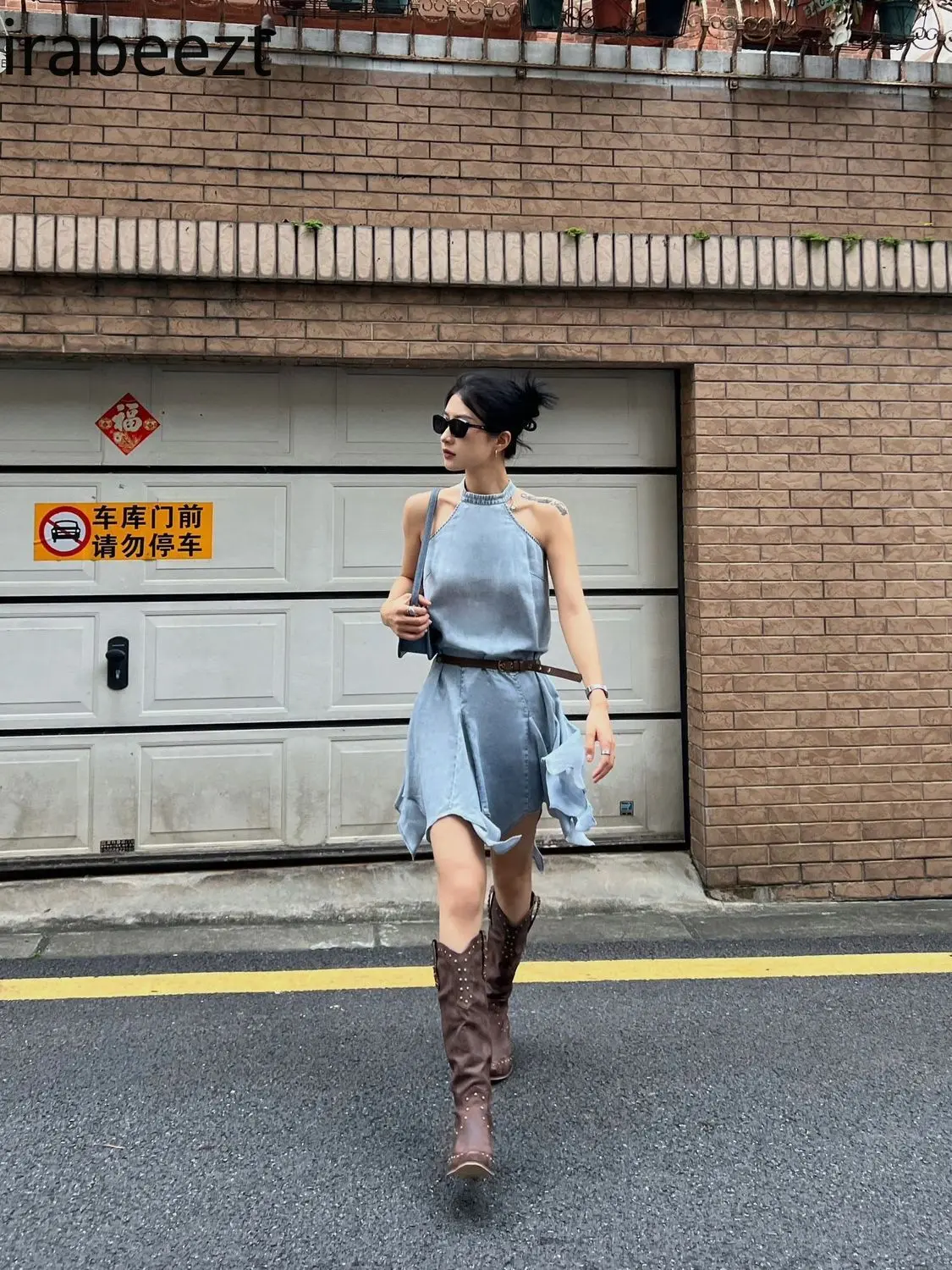 Streetwear Halter Neck Denim Vest Dress Women's Summer New Design Irregular Sleeveless Short Robe LOOSE FIT Summer Dress