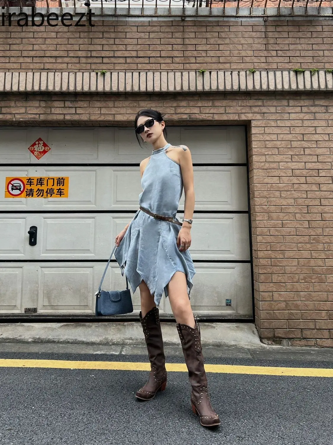 Streetwear Halter Neck Denim Vest Dress Women's Summer New Design Irregular Sleeveless Short Robe LOOSE FIT Summer Dress