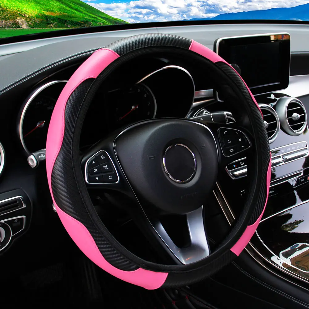 PU Carbon Fiber Leather Car Steering Wheel Cover Without Inner Ring Suitable for 14.5-15 Inches of Automotive Supplies