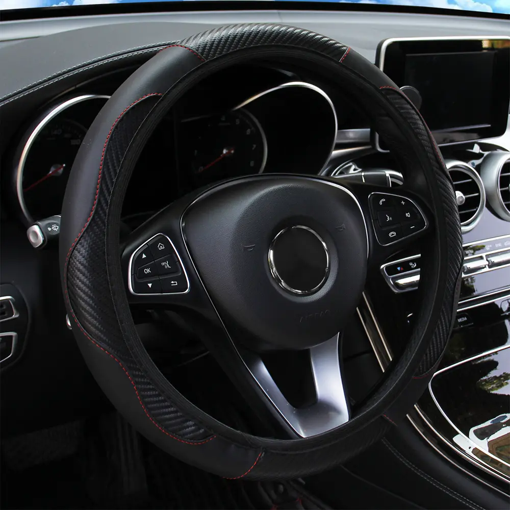 PU Carbon Fiber Leather Car Steering Wheel Cover Without Inner Ring Suitable for 14.5-15 Inches of Automotive Supplies
