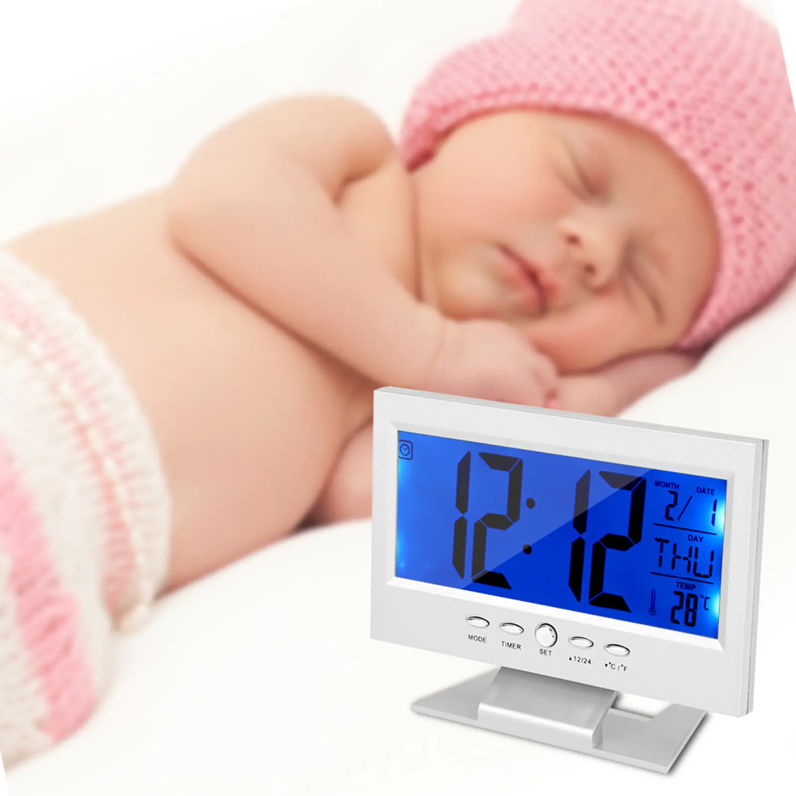 Alarm Clock LCD Digital Sound Sensor Table Desk Alarm Clock with Calendar and Temp Display Temp Display Clock Sound Sensor Clock