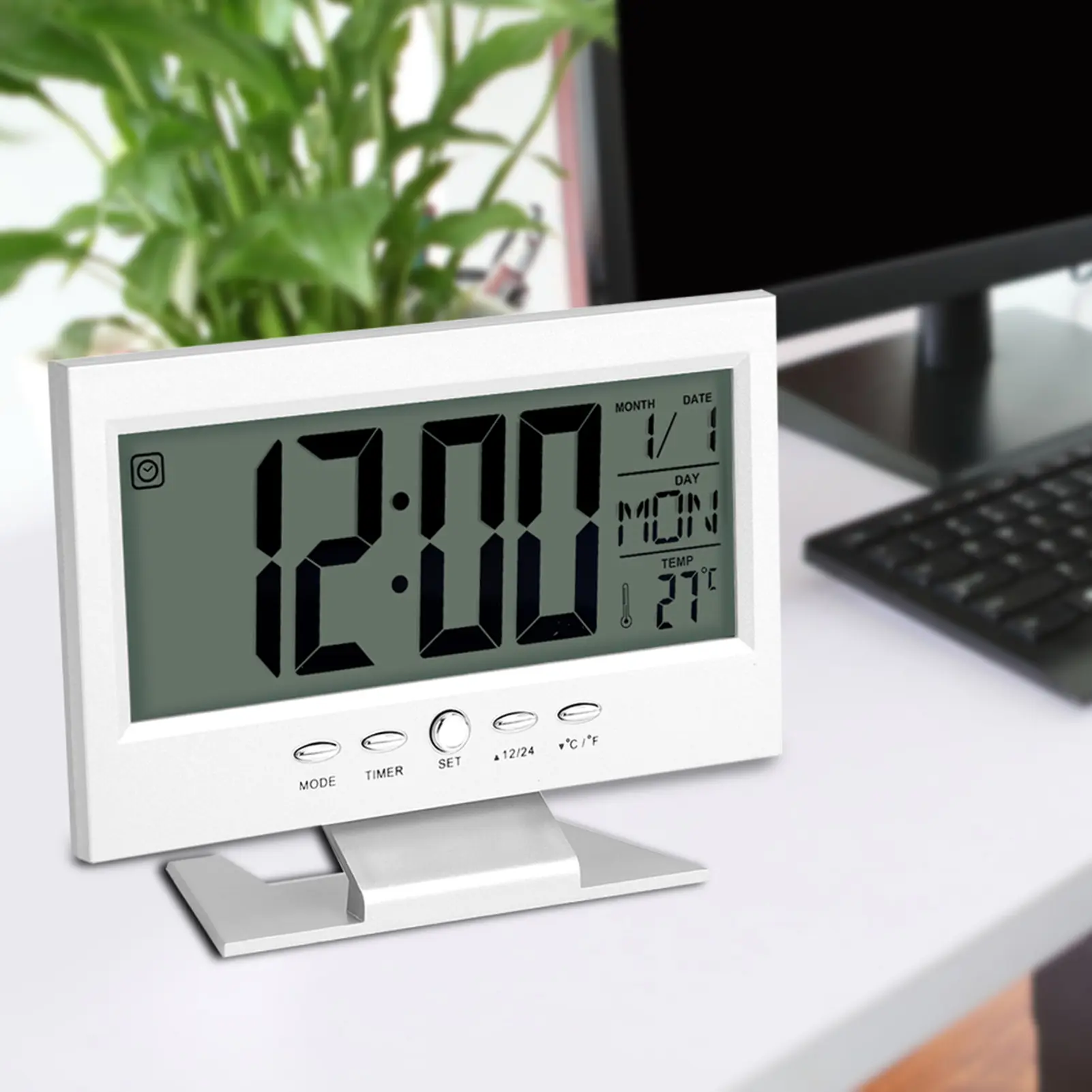 Alarm Clock LCD Digital Sound Sensor Table Desk Alarm Clock with Calendar and Temp Display Temp Display Clock Sound Sensor Clock