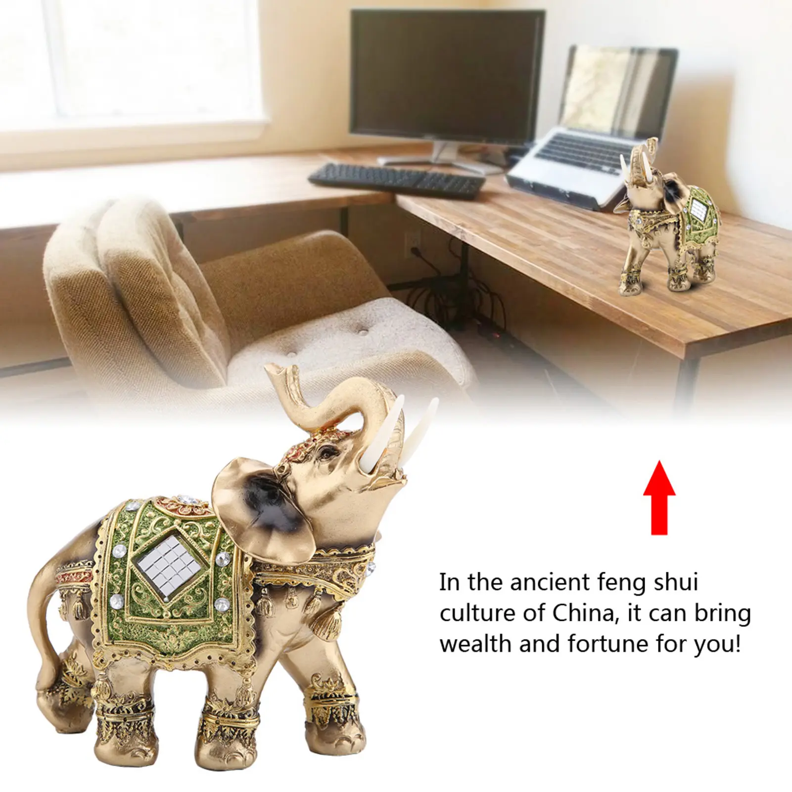 Lucky Feng Shui Green Elephant Statue Sculpture Wealth Figurine Gift Home Decoration Elephant Figurine Feng Shui Elephant Statue