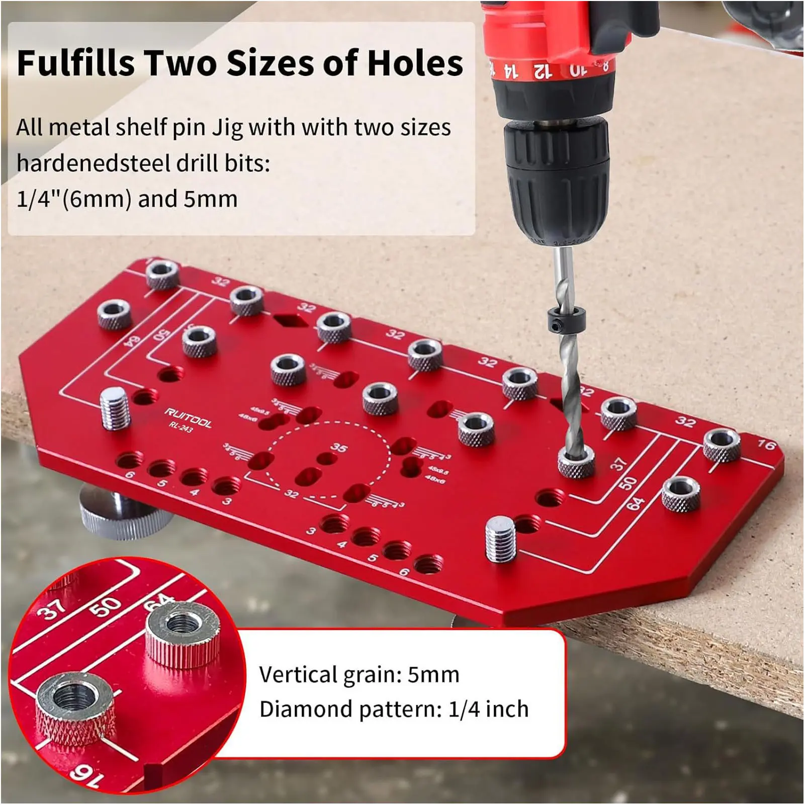 Shelf Pin Hinge Jig Aluminum Alloy 35mm  DIY 2 in 1 Cabinet Shelf Hole Jig 1/4 Inch 5mm Drill Bits for Woodworking