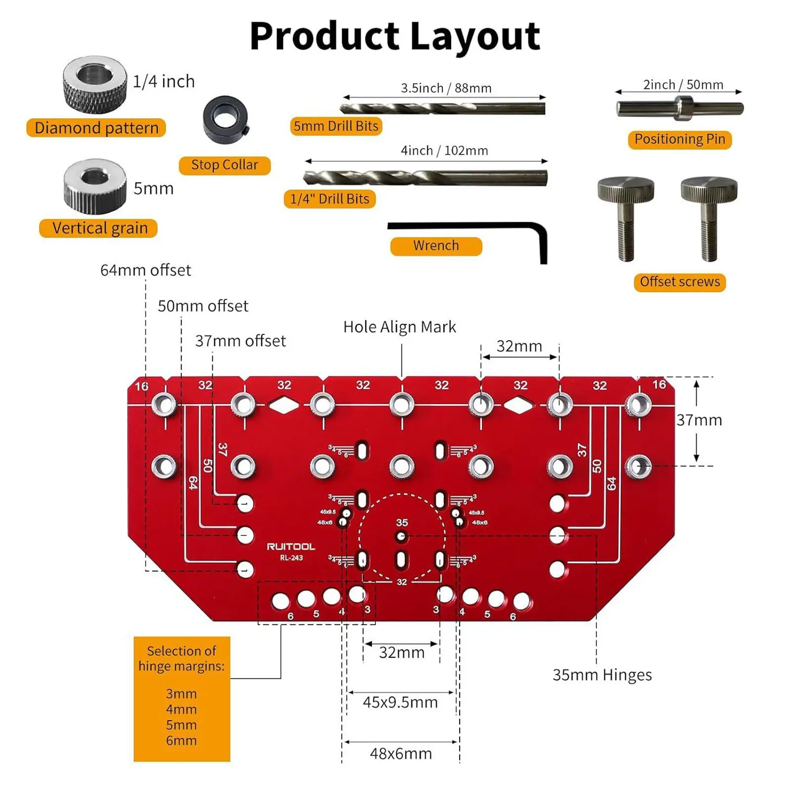 Shelf Pin Hinge Jig Aluminum Alloy 35mm  DIY 2 in 1 Cabinet Shelf Hole Jig 1/4 Inch 5mm Drill Bits for Woodworking