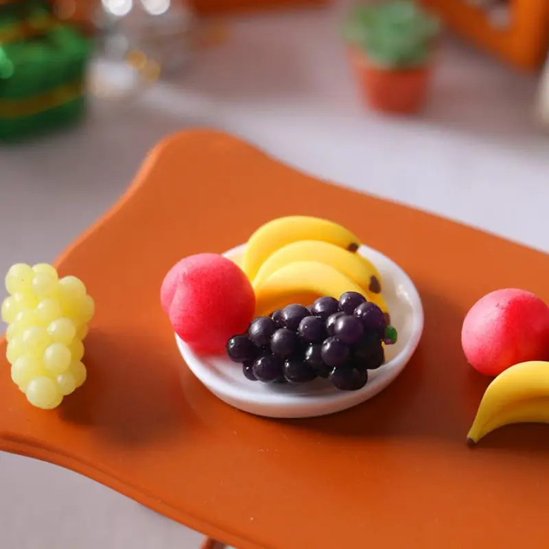 6Pcs/Set 1:12 Dollhouse Mini Simulation Grape Banana Fruit Plate Toy For Children Play House  Decoration