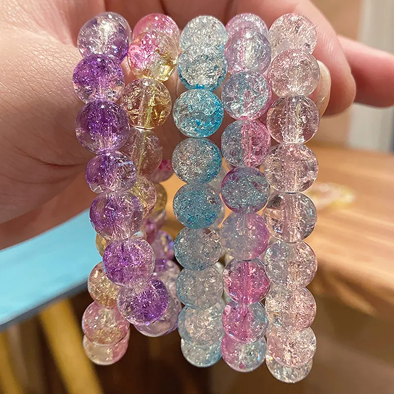 Women's Cracked Quartz Crystal Beaded Round Glass Beads Stretch Bracelet Bangle Bracelets Women Girl Charm Wrap Jewelry