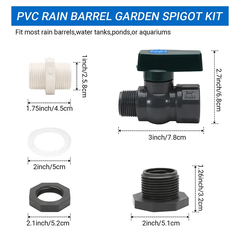 PVC Rain Barrel Diverter Kit 3/4 Inch Rain Barrel Valve Rain Barrel Spigot Kit With Bulkhead Fitting Adapter
