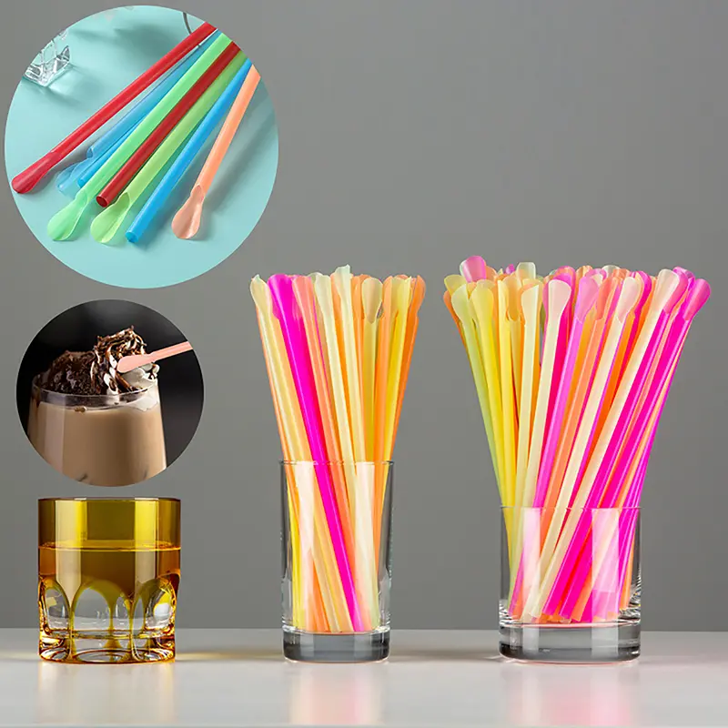 100pcs Multicolour Plastic Straws With Spoon, Bar Pub Slush Straw For Birthday Celebration Party Supplies