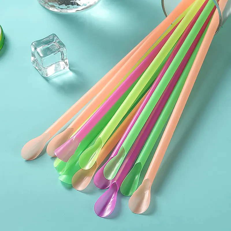 100pcs Multicolour Plastic Straws With Spoon, Bar Pub Slush Straw For Birthday Celebration Party Supplies