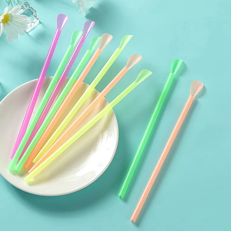 100pcs Multicolour Plastic Straws With Spoon, Bar Pub Slush Straw For Birthday Celebration Party Supplies