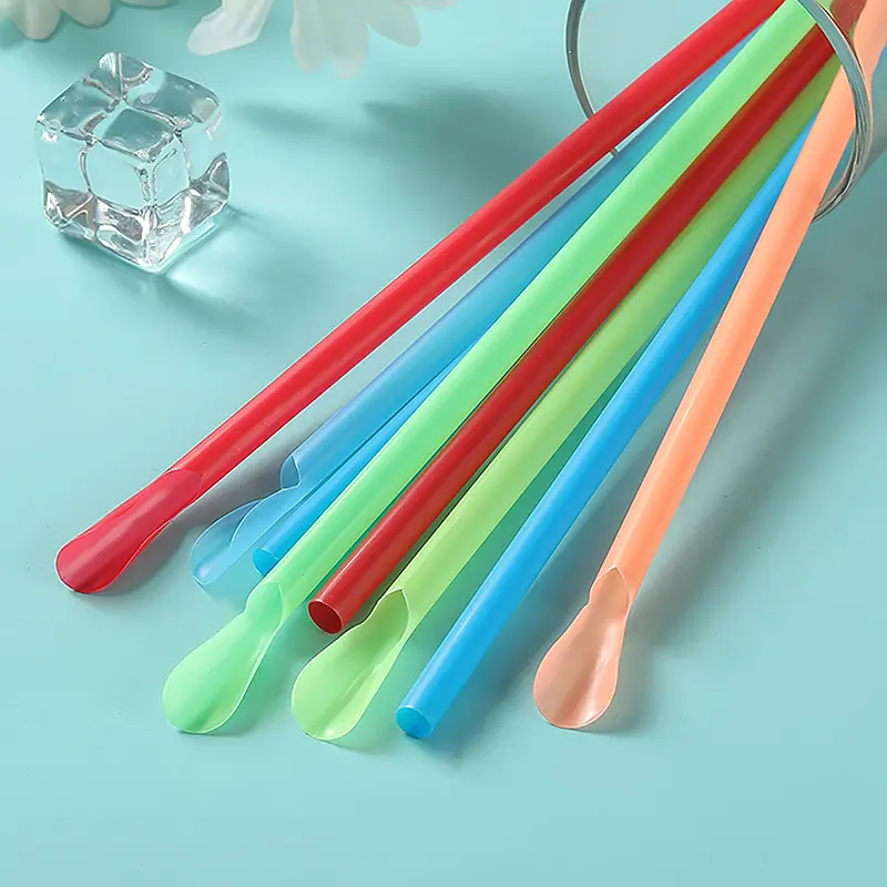100pcs Multicolour Plastic Straws With Spoon, Bar Pub Slush Straw For Birthday Celebration Party Supplies