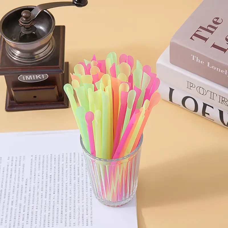 100pcs Multicolour Plastic Straws With Spoon, Bar Pub Slush Straw For Birthday Celebration Party Supplies