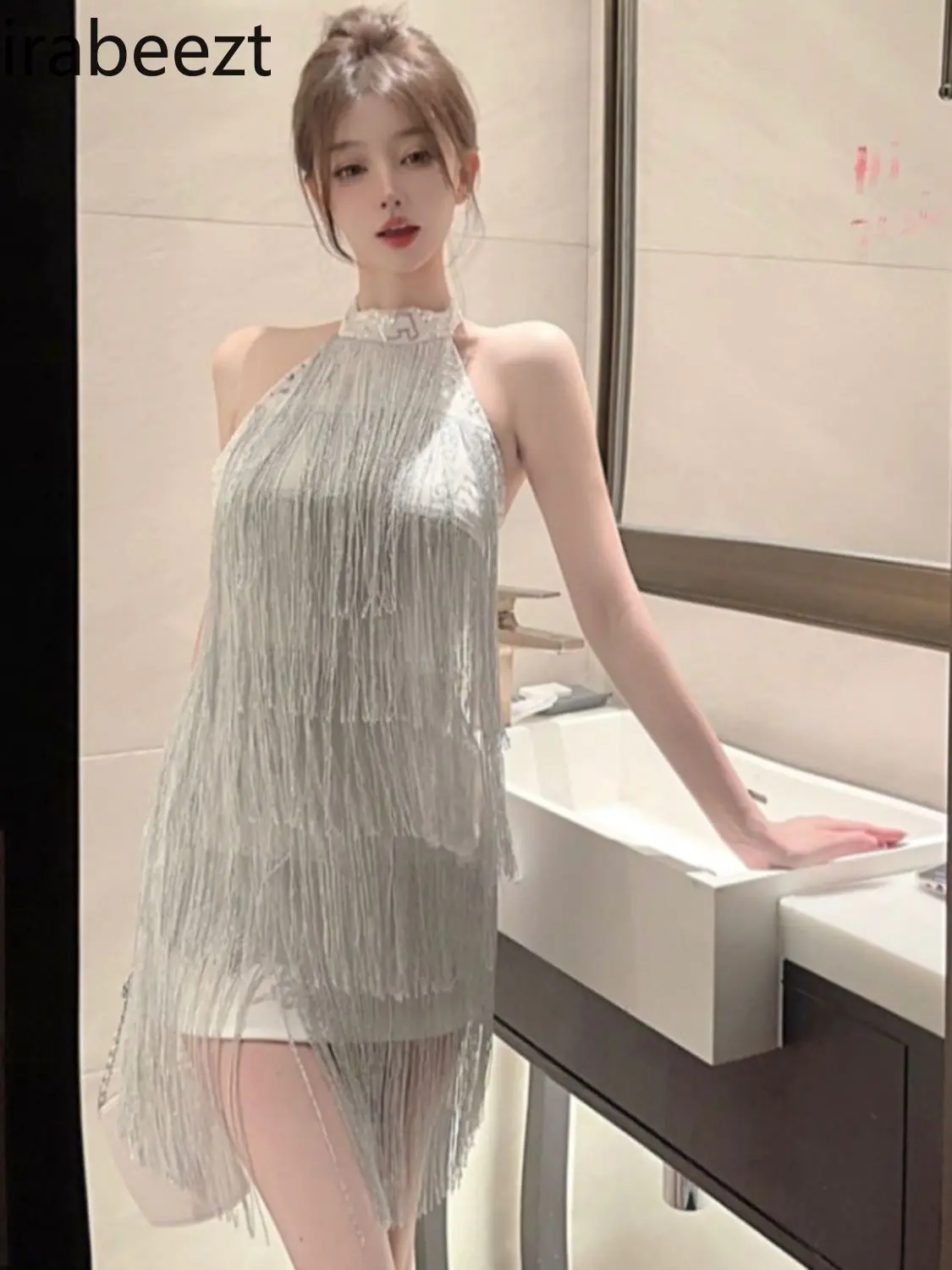 Party Birthday Party Glitter Fringed Halter Robe Fashion Trend Vestidos Elegantes Para Mujer LOOSE FIT Sleeveless Sexy Dress