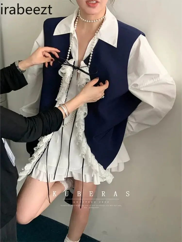 Niche Retro Design with Contrasting Colors Patchwork Lace Waistcoat Causal Women Autumn and Spring Sleeveless Vest