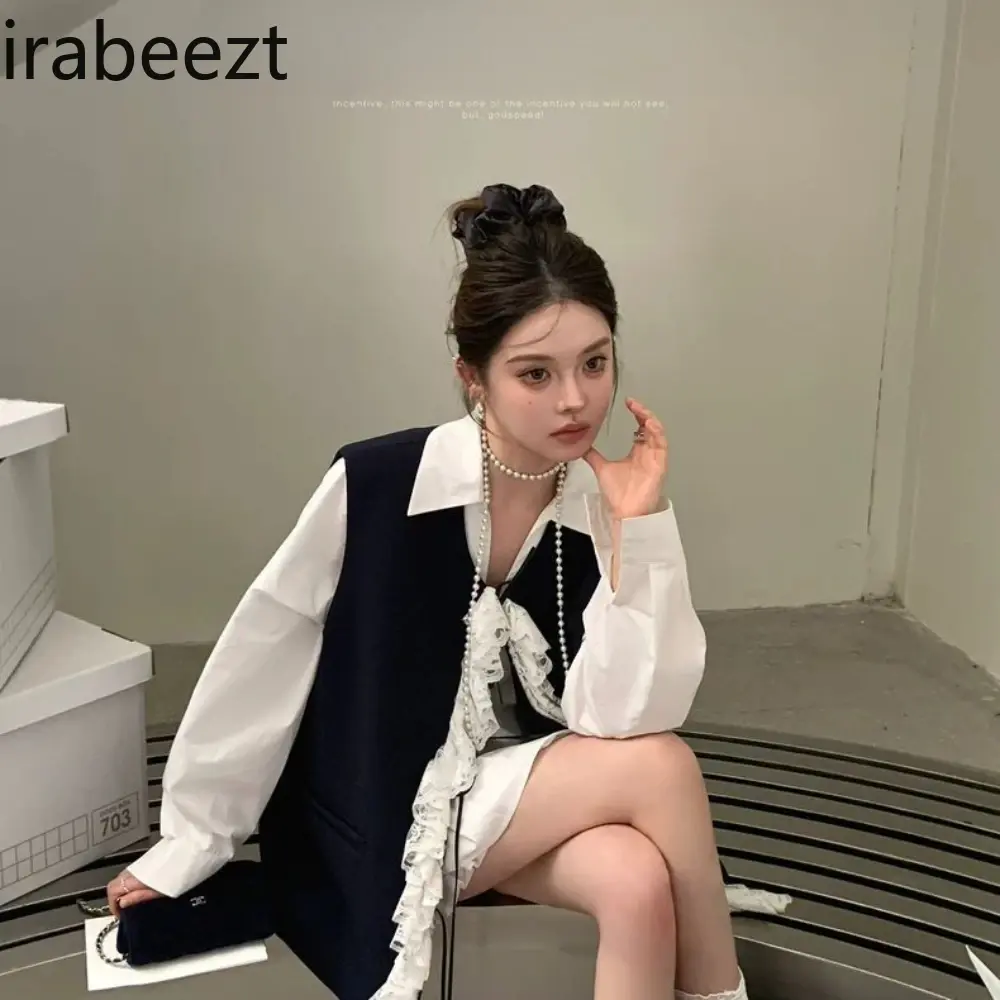 Niche Retro Design with Contrasting Colors Patchwork Lace Waistcoat Causal Women Autumn and Spring Sleeveless Vest