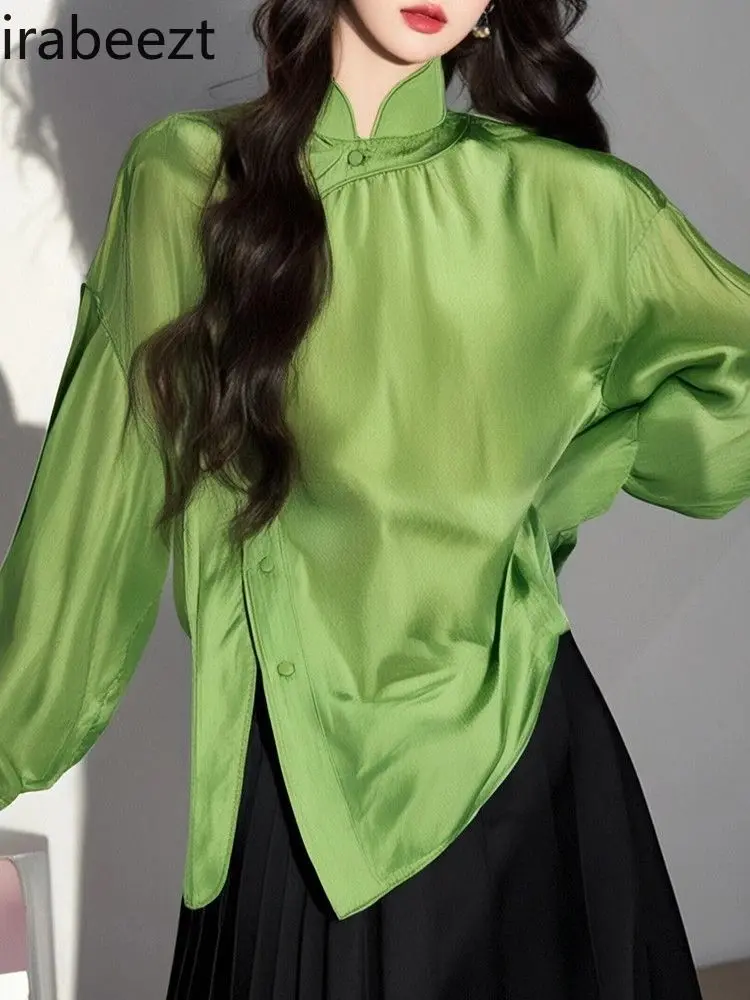 New Chinese Style Green Stand Collar Blouse Women's Elegant Luxury Casual Youthful Trendy Fashion Slim Fit Spring Summer Top