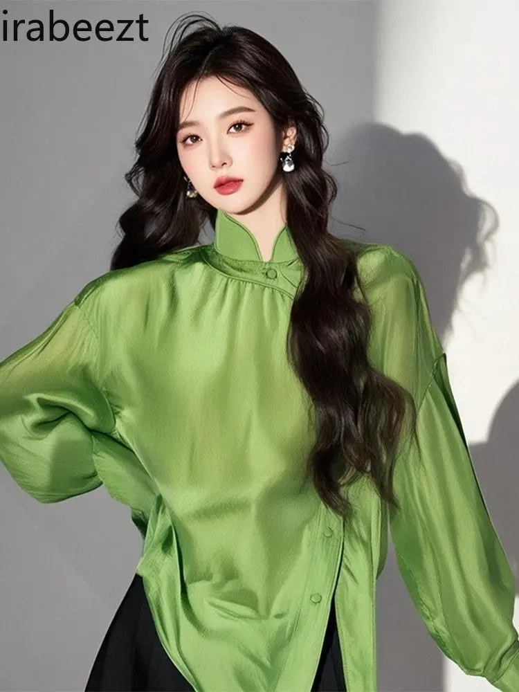 New Chinese Style Green Stand Collar Blouse Women's Elegant Luxury Casual Youthful Trendy Fashion Slim Fit Spring Summer Top