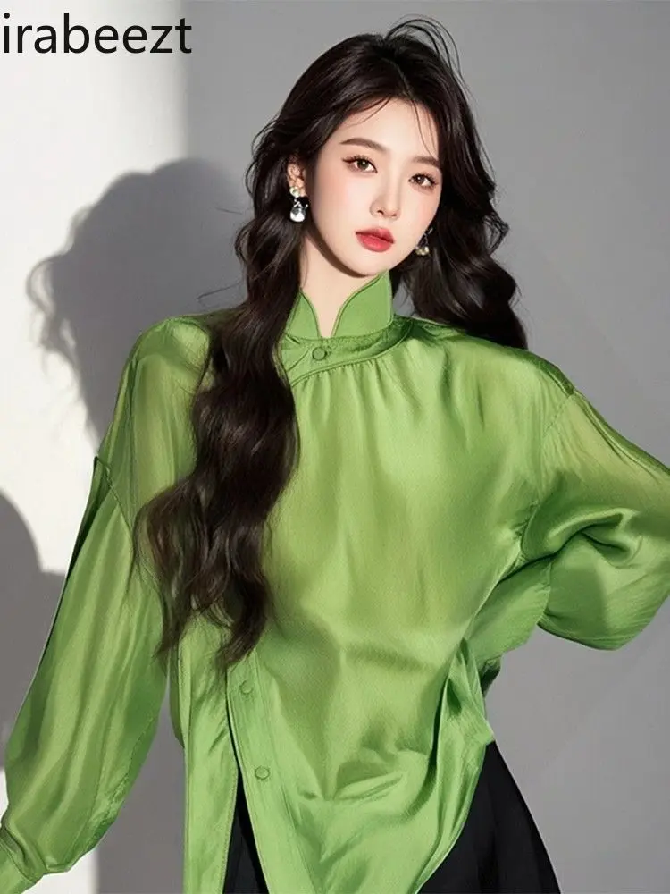 New Chinese Style Green Stand Collar Blouse Women's Elegant Luxury Casual Youthful Trendy Fashion Slim Fit Spring Summer Top