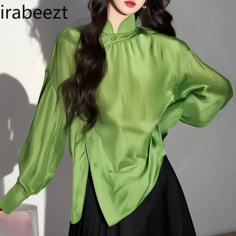 New Chinese Style Green Stand Collar Blouse Women's Elegant Luxury Casual Youthful Trendy Fashion Slim Fit Spring Summer Top
