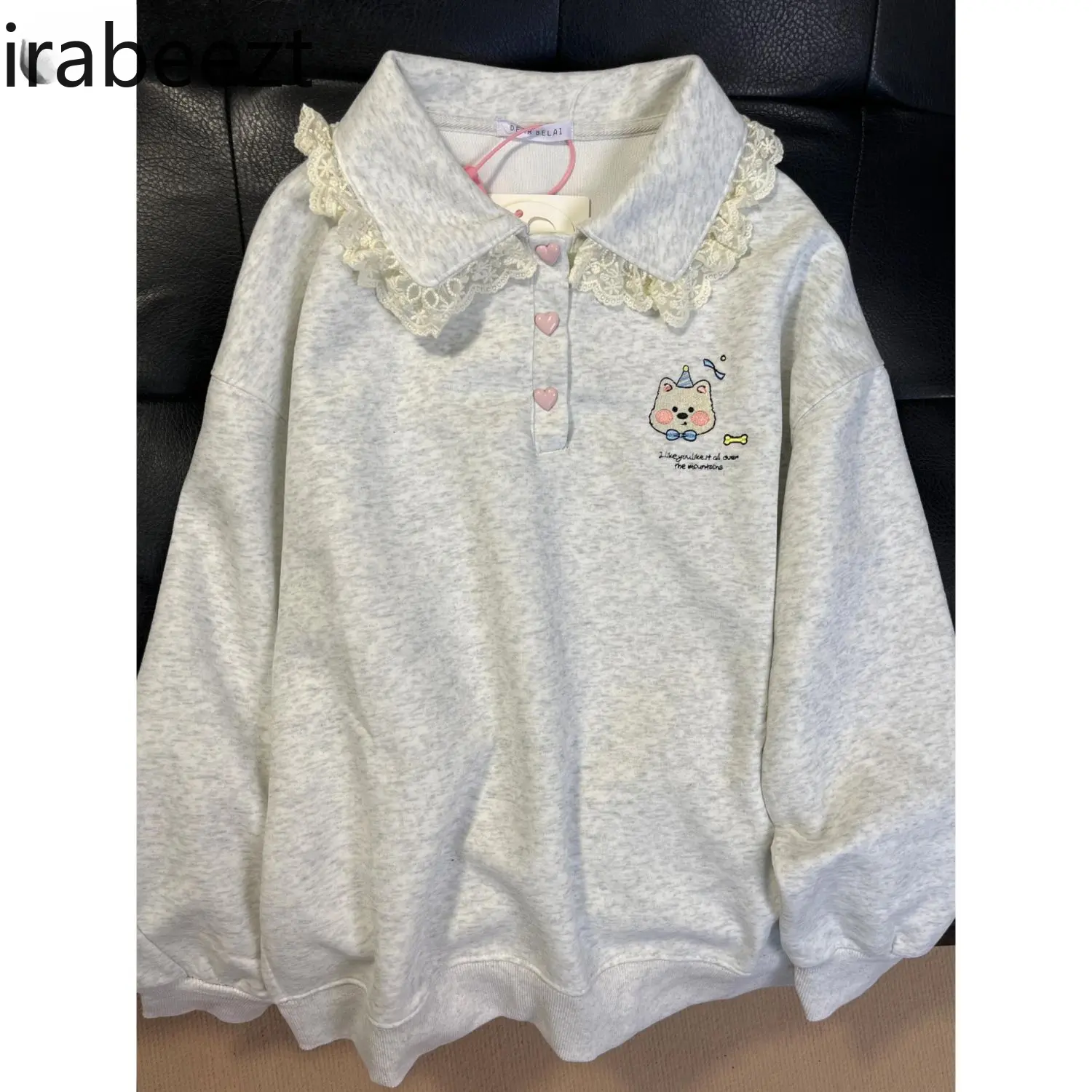 Cute Patchwork Lace Embroidery POLO Collar Long Sleeve Hoodie Lady Mainland China Cotton Casual Daily Wear Polo Shirt Women