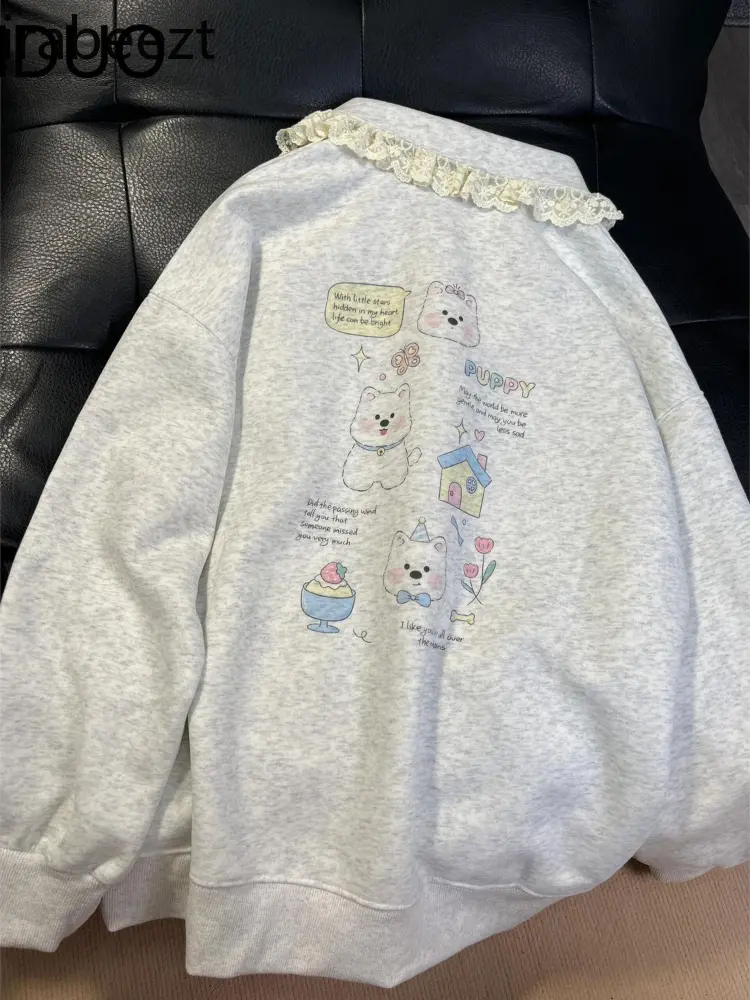 Cute Patchwork Lace Embroidery POLO Collar Long Sleeve Hoodie Lady Mainland China Cotton Casual Daily Wear Polo Shirt Women