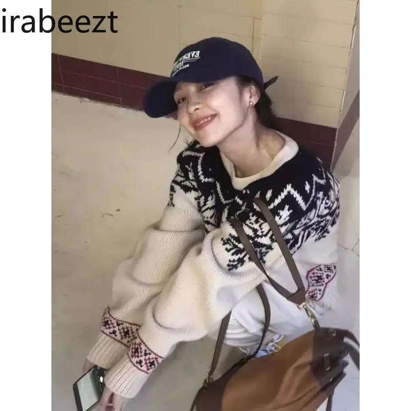 Ladies Sweaters Autumn/Winter Korean O-neck Contrast Embroidery Loose Trendy Simple Wool Long Sleeved Pullovers Women's Clothing