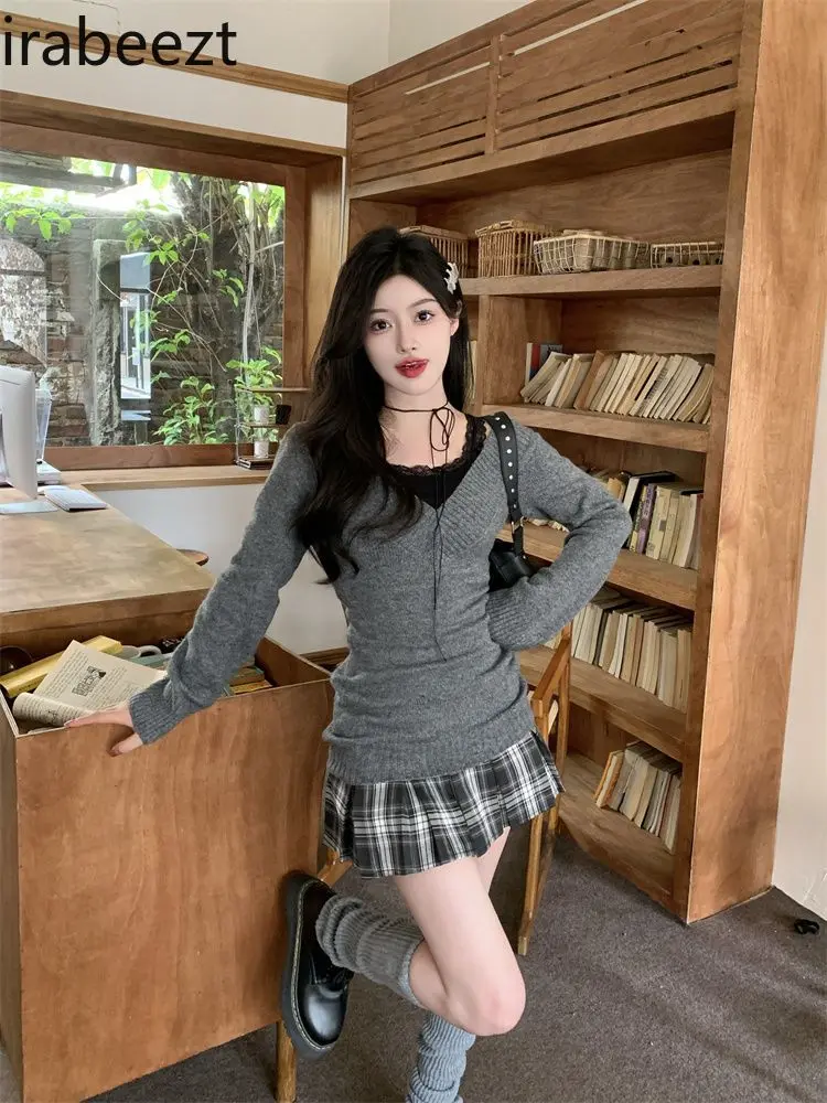 Hot Girls Retro Suit Women Autumn-winter Plus Size Inside Vest V-neck Sweater Slim-fit Skirt Three-piece Set