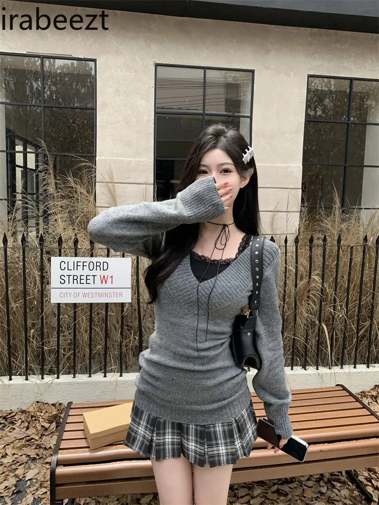 Hot Girls Retro Suit Women Autumn-winter Plus Size Inside Vest V-neck Sweater Slim-fit Skirt Three-piece Set